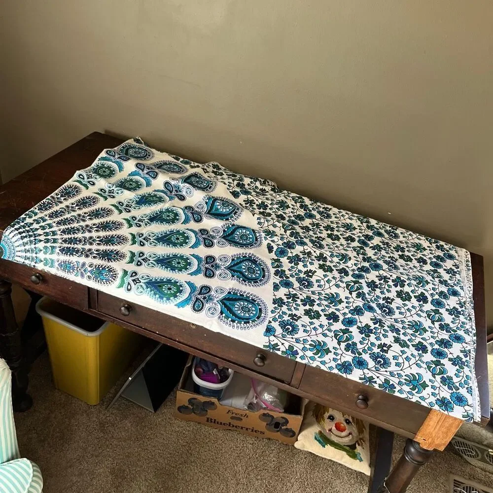VTG Blue Green Mandala Cotton Tablecloth 82x53 Boho Maximalist Floral NWOT